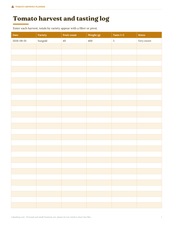 Preview of Printable Tomato Harvest Log