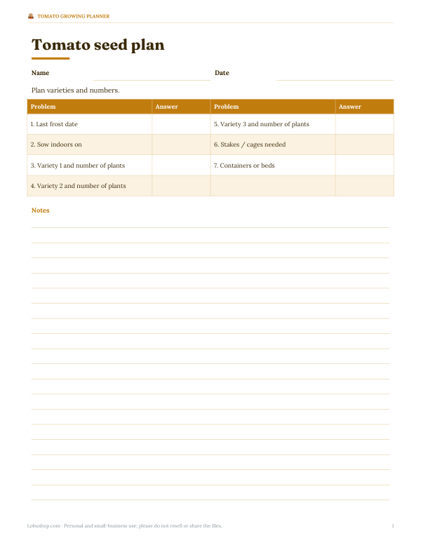 Preview of Printable Tomato Seed Planning Sheet